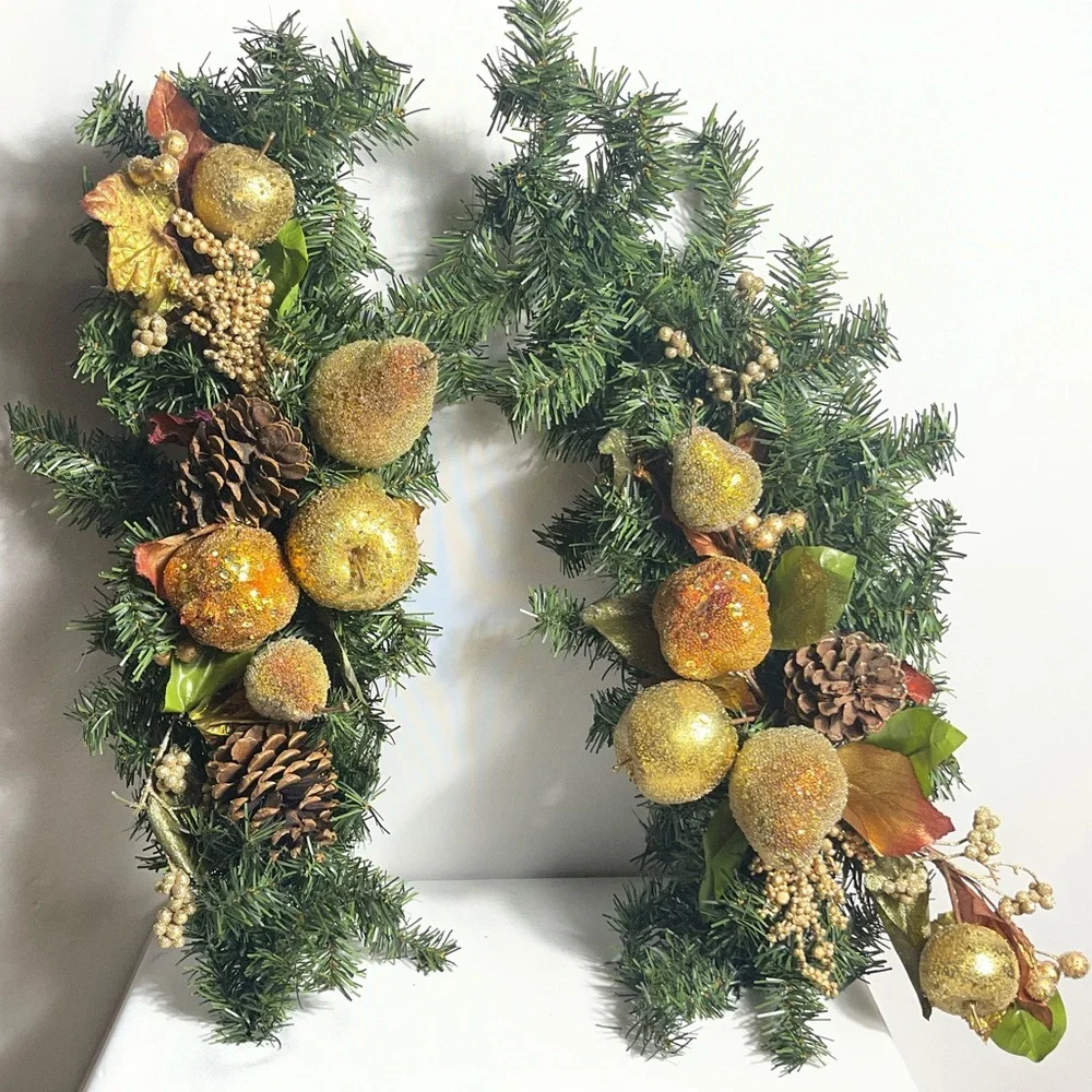 Set of 2 Glittered Fruit Pinecone Holiday Garlands Gold Green Christmas Décor
